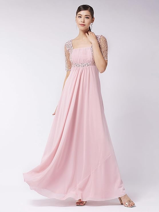 Miss Chase Women's Dark Pink Round Neck Half Sleeve Solid Lace Overlaid Maxi Dress